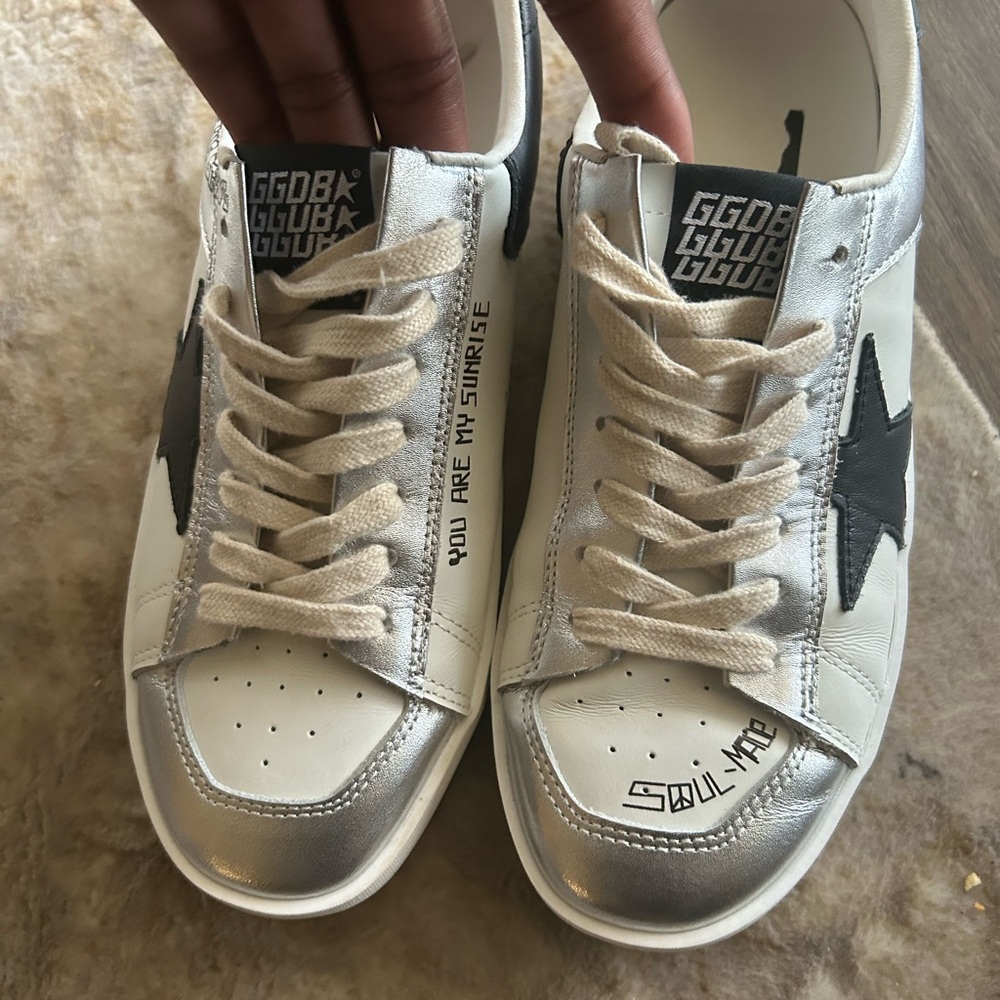 Golden Goose White and Silver Sneakers with Black Star